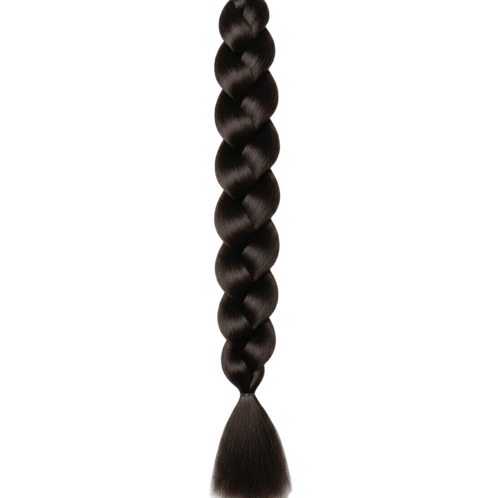 A single long dark brown braided hair extension or braid shown vertically on a plain light gray background.