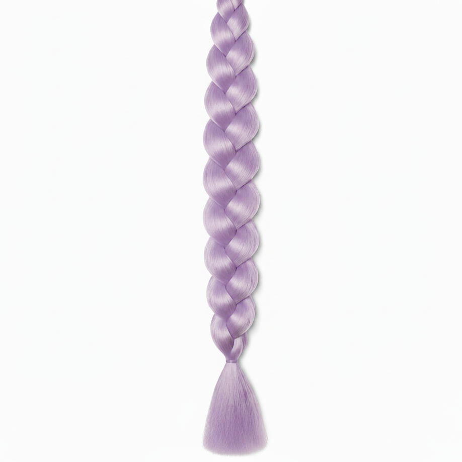A single long braided synthetic hair extension in a light lavender purple color, shown vertically against a plain white background.