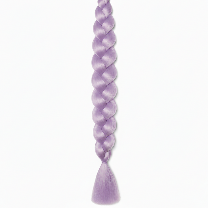A single long braided synthetic hair extension in a light lavender purple color, shown vertically against a plain white background.