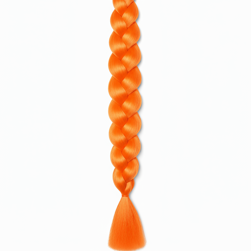 A single bright orange braided synthetic hair extension with a tapered tassel end, shown vertically against a plain white background.