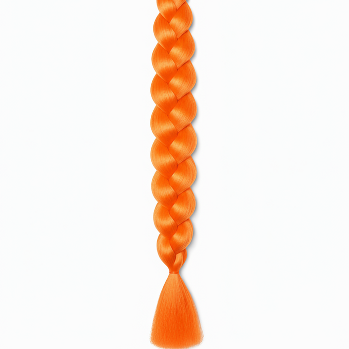 A single bright orange braided synthetic hair extension with a tapered tassel end, shown vertically against a plain white background.