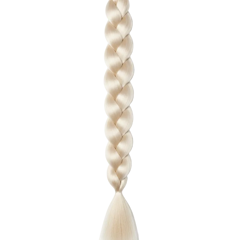 A single long braided synthetic hair extension in a light blonde color, shown vertically against a plain white background.