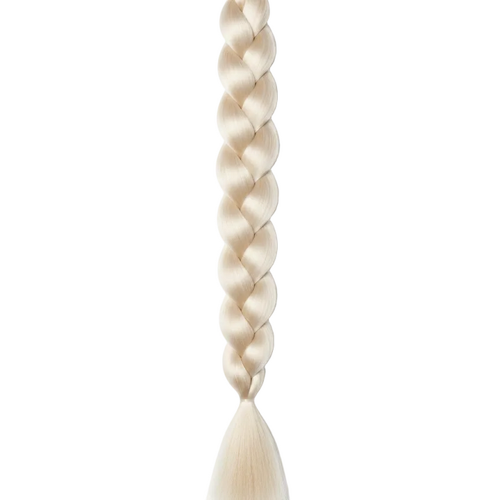 A single long braided synthetic hair extension in a light blonde color, shown vertically against a plain white background.