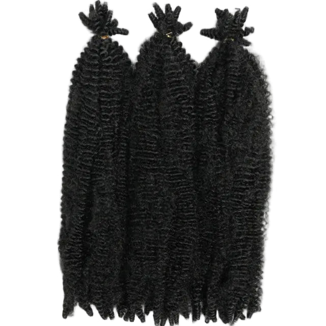 Three bundles of black hair extensions on a white background