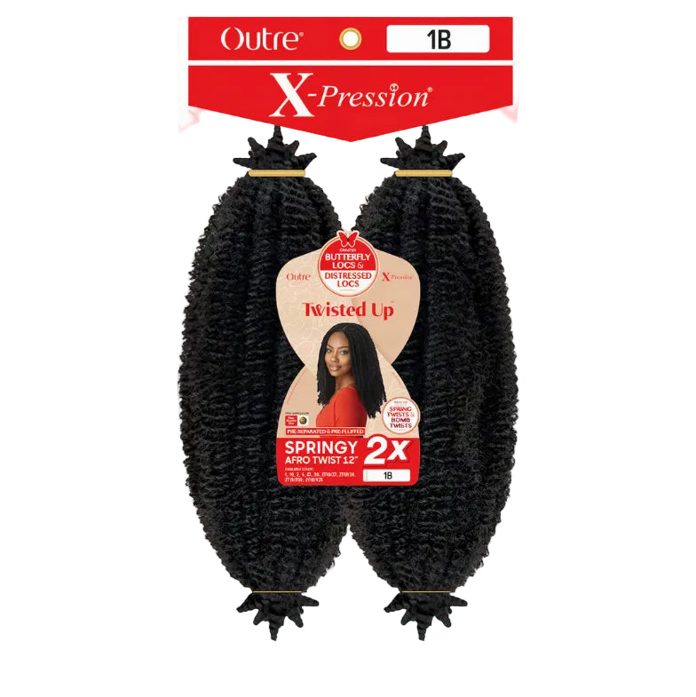 Two packs of X-pression Springy Afro Twist hair extensions in 1B color, displayed with brand and product information.