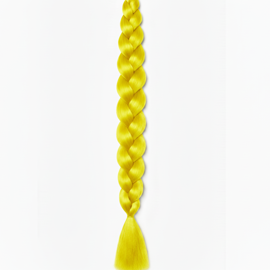 A single bright yellow synthetic braided hair extension with a tassel end, shown vertically against a plain white background.