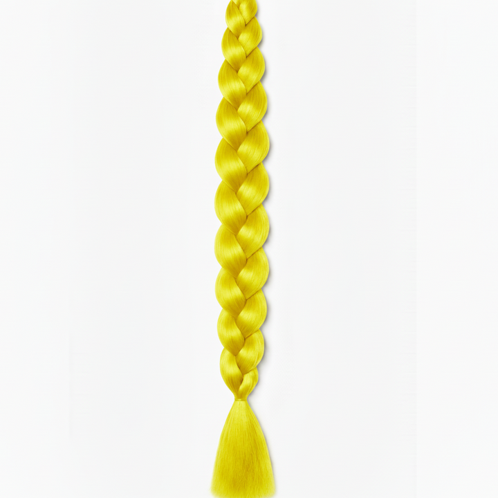 A single bright yellow synthetic braided hair extension with a tassel end, shown vertically against a plain white background.