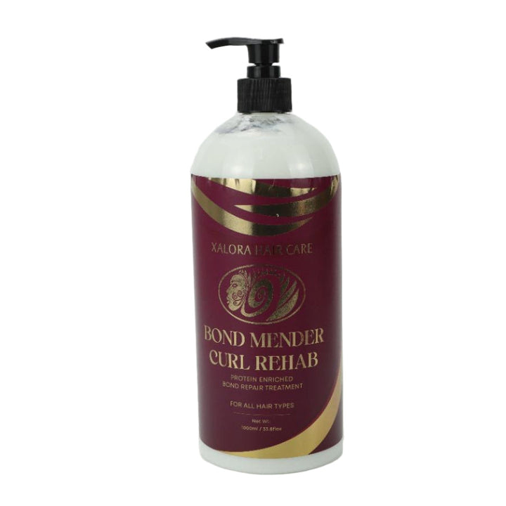 Bottle of 'Bond Mender Curl Rehab' hair product on a white background