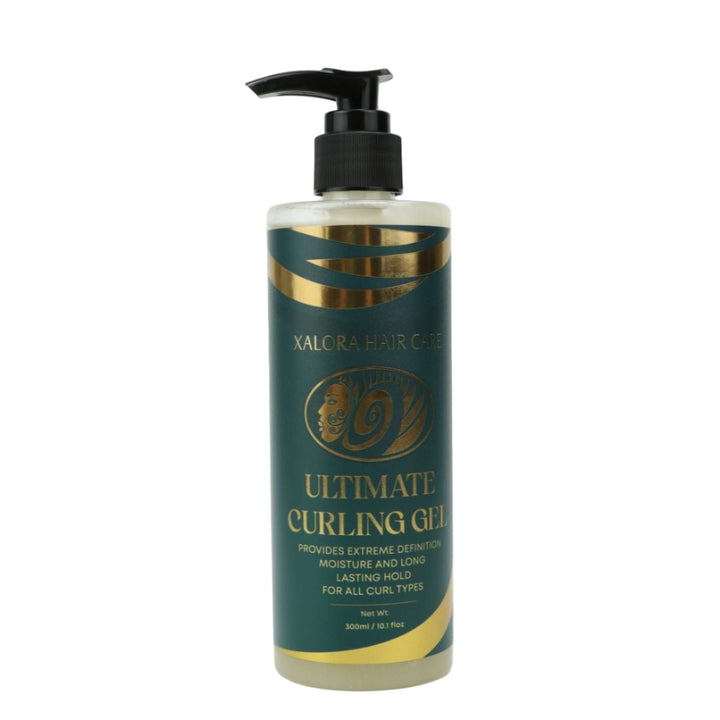 Bottle of Ultimate Curling Gel with pump on a white background