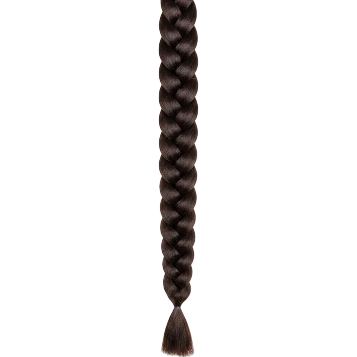 A long, thick dark brown braided hair extension or braid shown vertically against a plain white background.