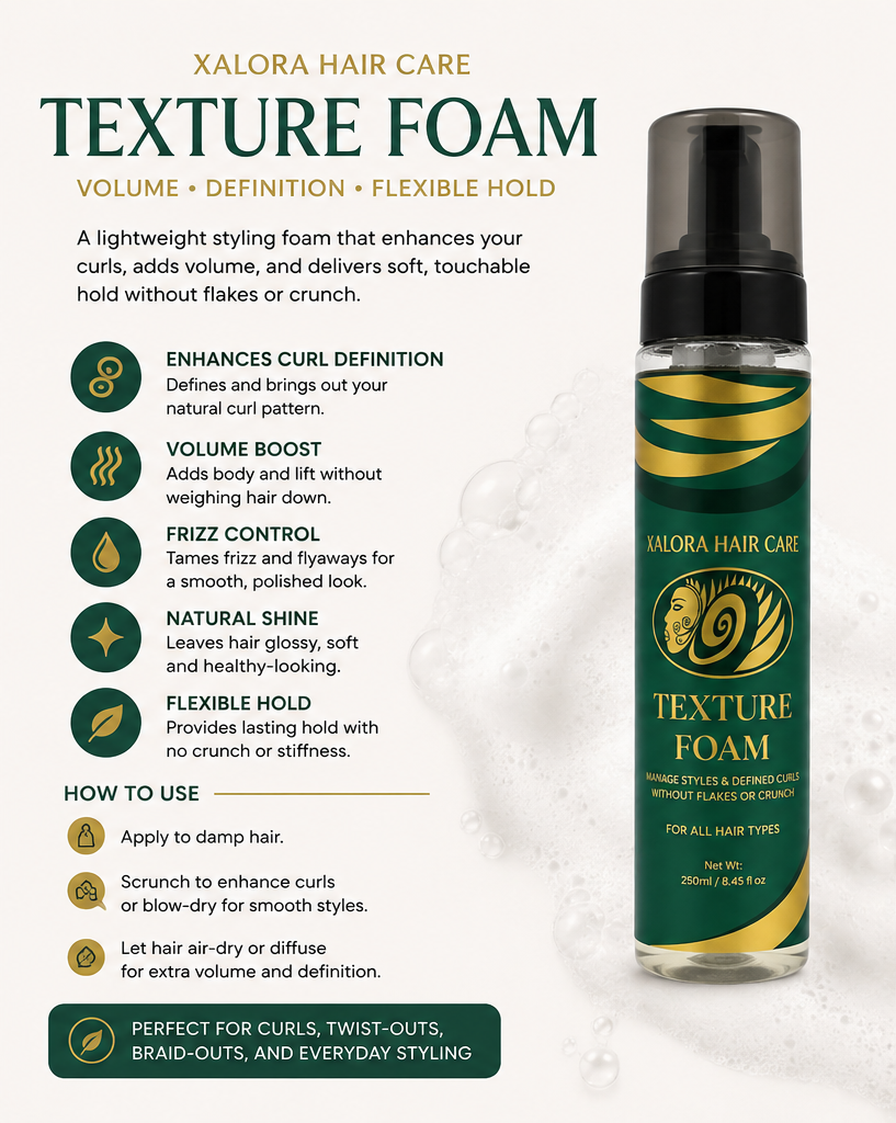 Xalora Hair Care Texture Foam bottle with product details on a white background