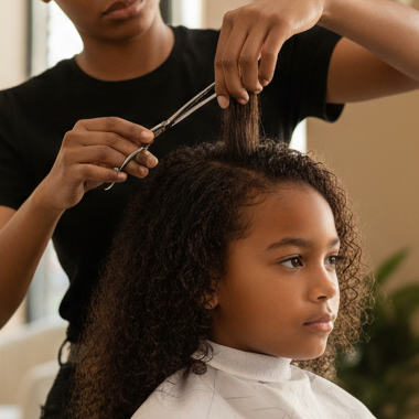 Girl haircut service in beige salon