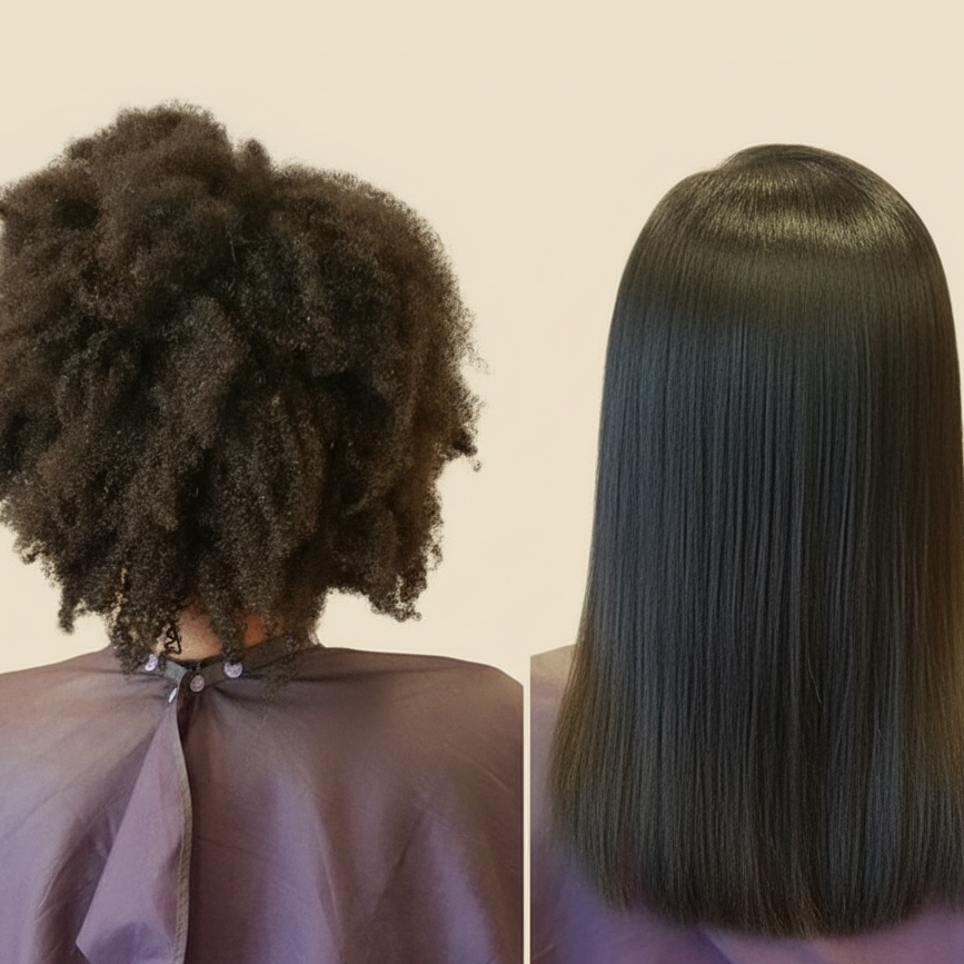 Hair straightening before and after with light beige background