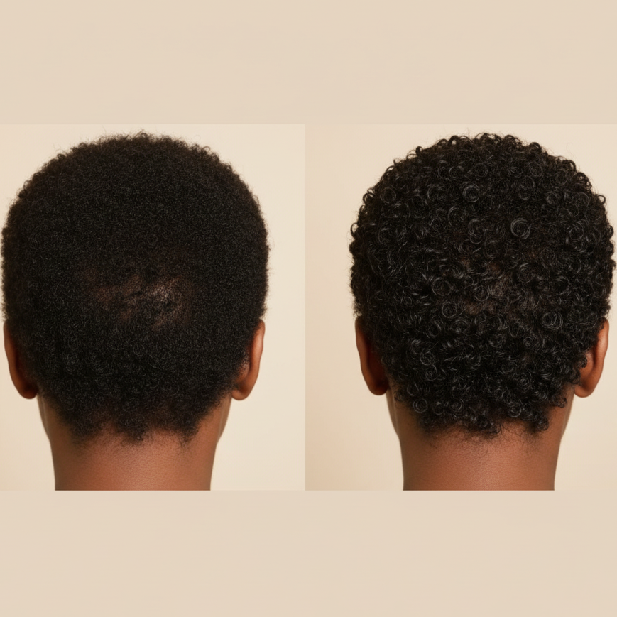 Hair transformation from behind with light beige background