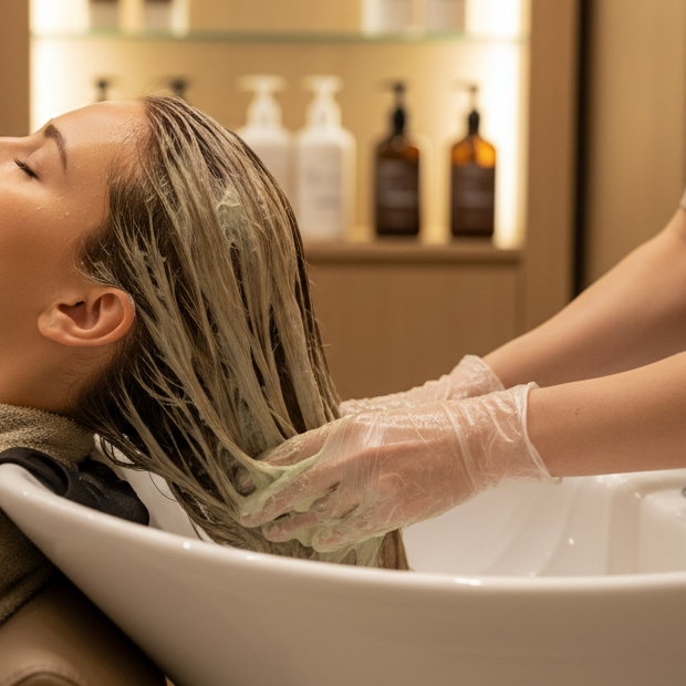 Hair treatment at salon sink without face mask