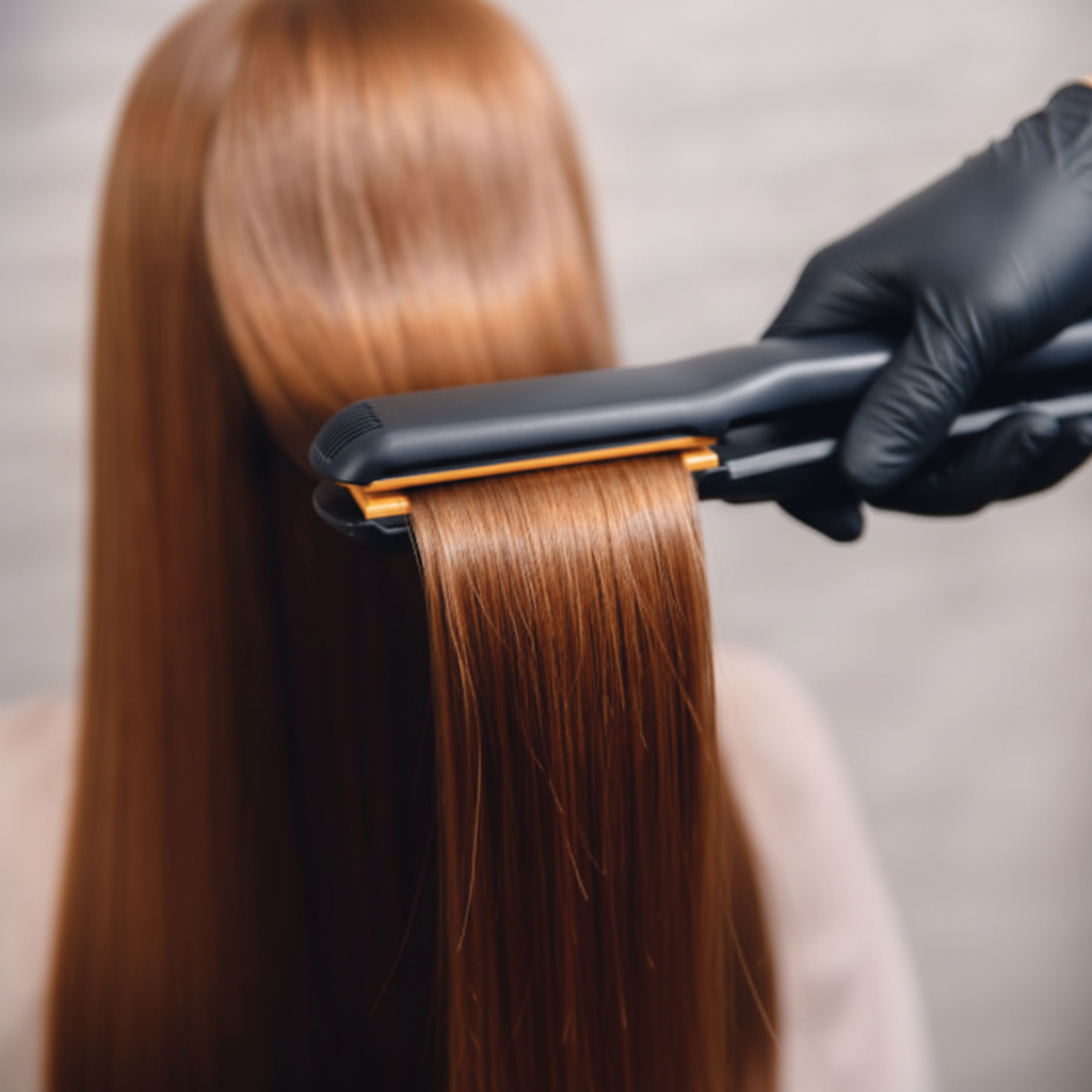 Hairstylist with gloves using flat iron on light beige background