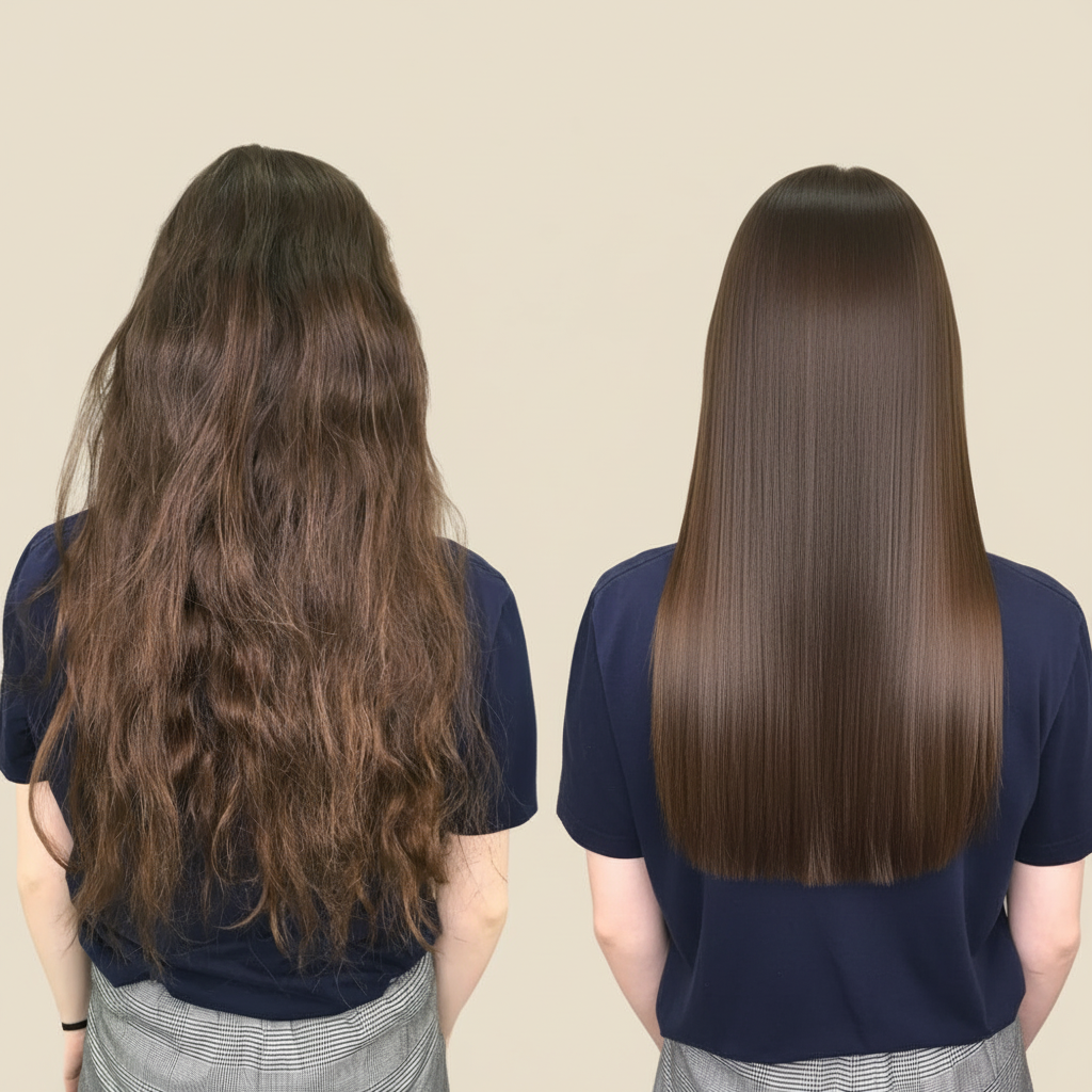Keratin treatment before and after with light beige background