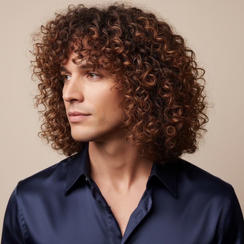 Men's curly hair clean background