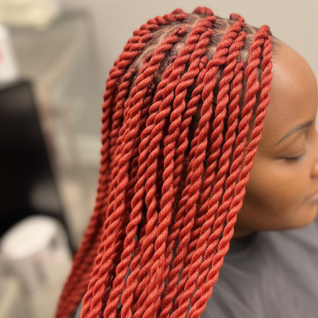 Senegalese twists with red hair on beige background
