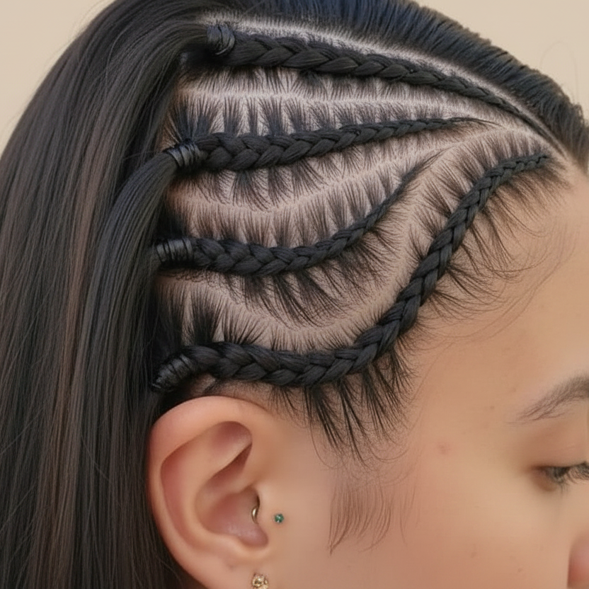 Side cornrow braids no accessories beige background