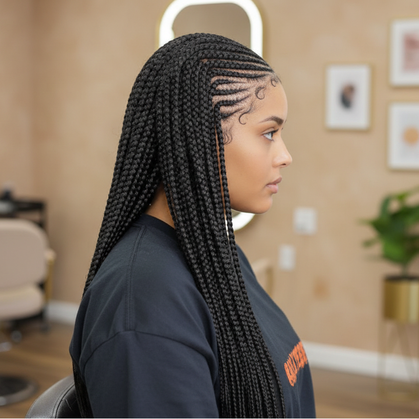 Side view box braids in beige salon
