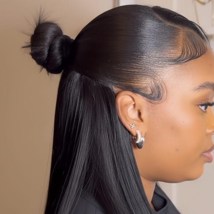 Sleek hairstyle with beige background