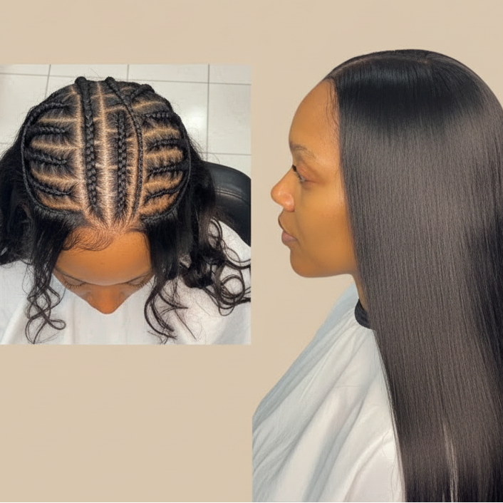 Wig installation with beige background