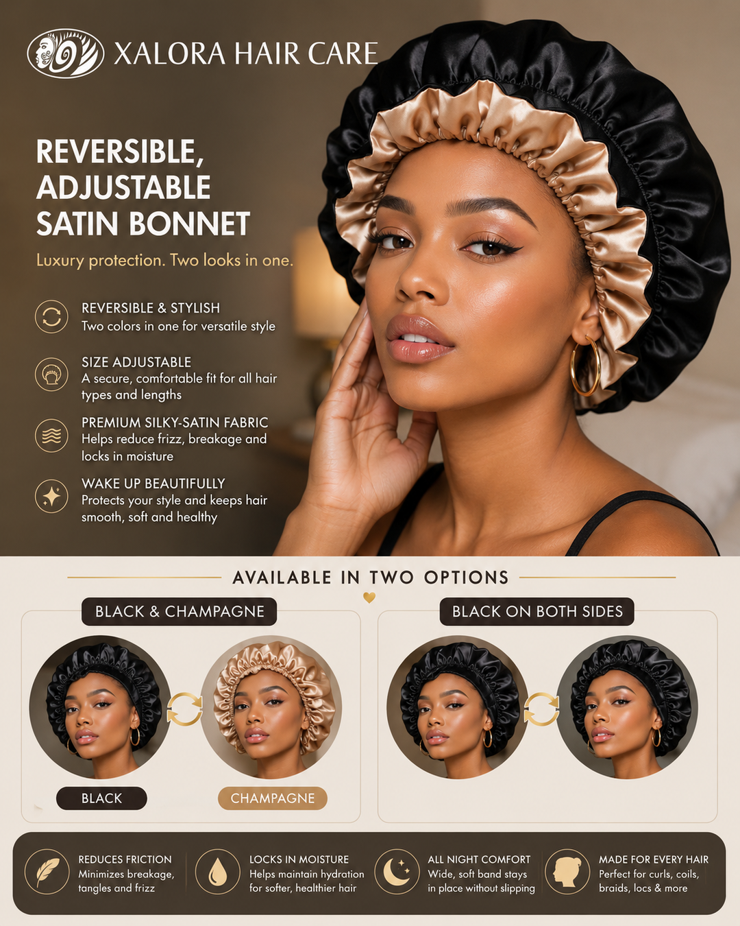 Xalora Reversible Adjustable Satin Bonnet