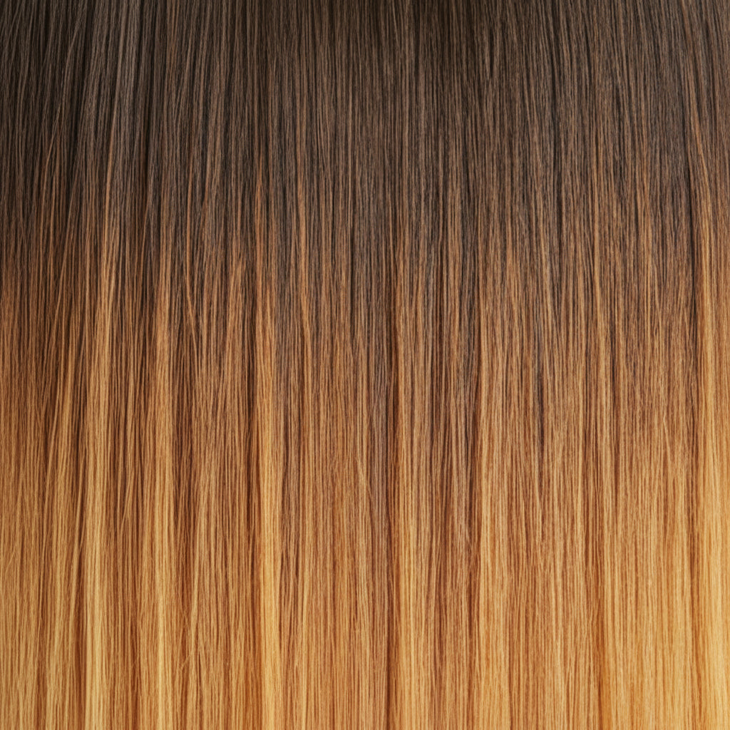Close-up of straight hair showing a dark brown to warm golden-brown ombré color transition.