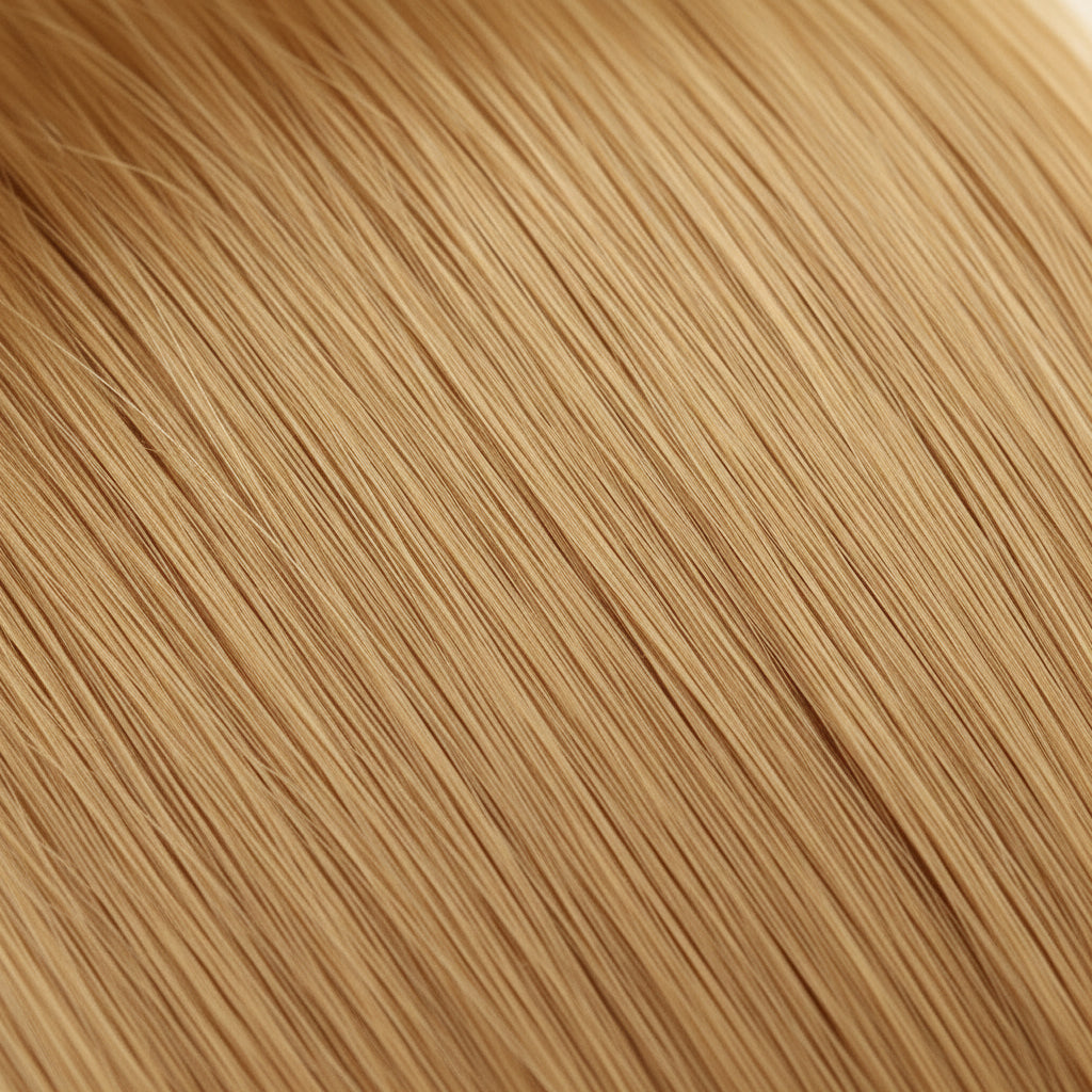 A close-up of straight hair in a warm golden blonde shade, filling the entire frame.