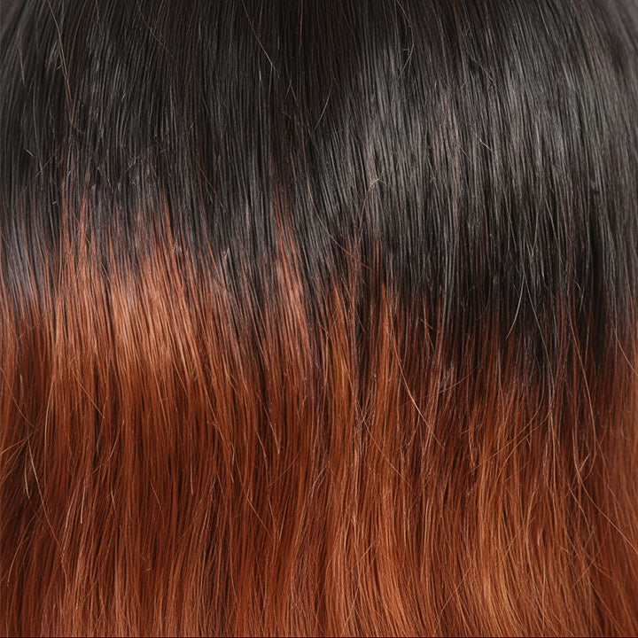 A straight black synthetic hair extension.