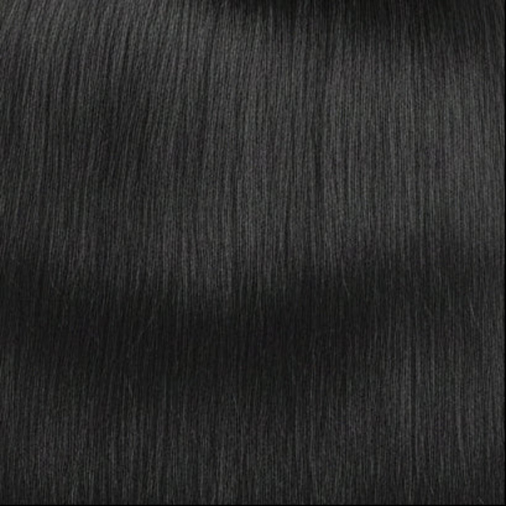 A close-up texture shot of straight, sleek black hair, showing individual strands and a glossy finish.