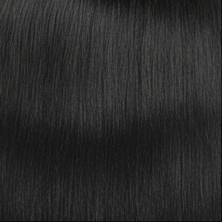 A close-up texture shot of straight, sleek black hair, showing individual strands and a glossy finish.