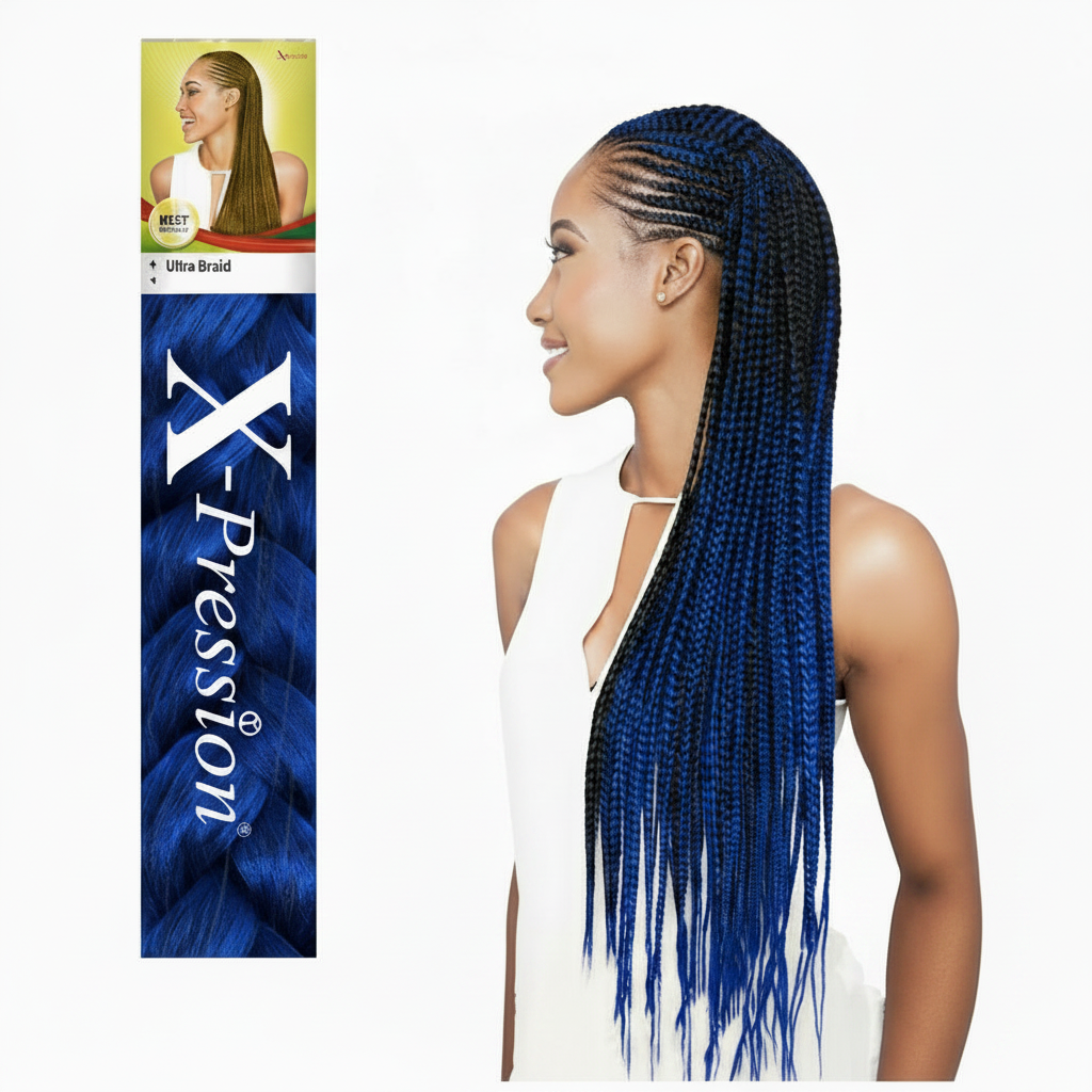 A woman showcasing an 82-inch long dual-tone synthetic hair extension from X-pression.